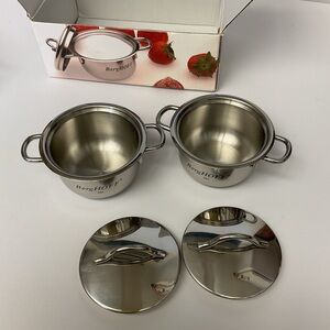 BERGHOFF SET OF TWO STAINLESS MINI LIDDED POTS NWT